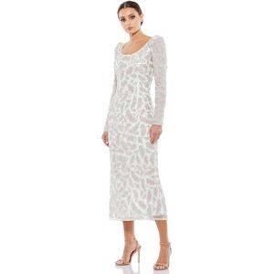 MAC DUGGAL Foliage embellished midi ivory sheath dress 14 NWT